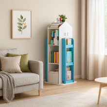 Neo Blue House Shaped 360 degree Rotating Kid's Children's Freestanding Bookshelf Bookcase 10 Shelf Shelve Space Saving Design