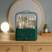Neo Green Acrylic Makeup Organiser with Lid & Drawers Portable Dustproof Cosmetic Storage Box for Vanity, Bathroom Bedroom Countertop Skincare