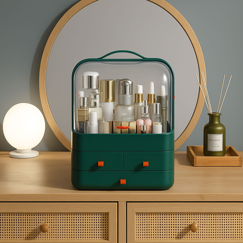 Neo Acrylic Makeup Organiser With Lid & Drawers Portable Dustproof Cosmetic Storage Box For Vanity, Bathroom Bedroom Countertop Skincare Green
