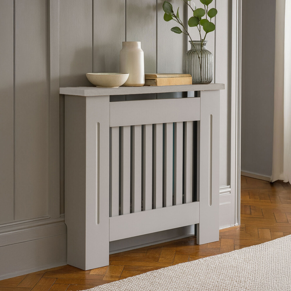 Neo Grey Decorative Radiator Cover Cabinet Wood Panel Oak Effect Top Slatted Front Compact Heater Design Console Table-image-OPC-PJFYTWV-NEW
