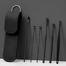 Ear Wax Cleaning Tool Stainless Steel 5-Piece Ear Pick Kit With Storage Bag Unisex Black