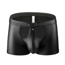 Boxer Shorts Transparent Leather Trunks, Low Waist Underwear, Faux Leather Open Retro Shorts With Buttons, XL Black