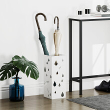 HOMCOM Metal Umbrella Stand, Square Umbrella Basket with 4 Hooks Drip Tray White