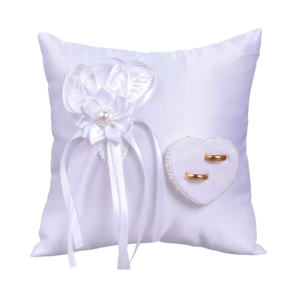 White Wedding Ring Cushion With Ribbon And Bow, Satin Ring Bearer Pillow For Engagement Or Wedding Rings, Classic