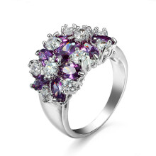 Girls' Ring 925 Silver Gold-Plated Flower Brilliant Zirconia Comfort Fit Purple Size 60 (19.1 mm)