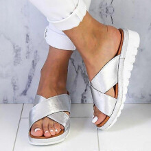 (41, Silver) Lebanghui Women Platform Wedge Sliders Slip On Sandals Flat Slippers Summer Shoes