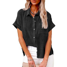 (M, black) Womens solid color casual loose shirts new summer vintage womens oversized shirts and blouses fashion elegant youth women tops