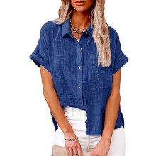 (3XL, royal blue) Womens solid color casual loose shirts new summer vintage womens oversized shirts and blouses fashion elegant youth women tops