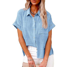 (3XL, sky blue) Womens solid color casual loose shirts new summer vintage womens oversized shirts and blouses fashion elegant youth women tops