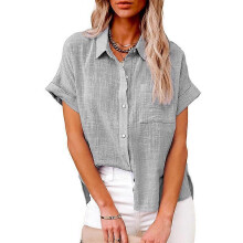 (3XL, grey) Womens solid color casual loose shirts new summer vintage womens oversized shirts and blouses fashion elegant youth women tops