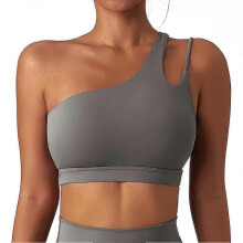 (S, grey) Slanted shoulder bra silky soft breathable bra breathable fit fitness bra