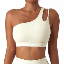 (M, Apricot color) Slanted shoulder bra silky soft breathable bra breathable fit fitness bra