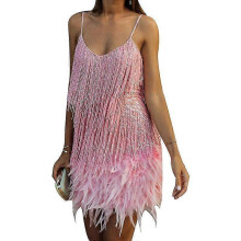 (XL, PINK) Lebanghui Women Fringe Sequine Feather Bodyco Dress