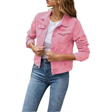 (S, Pink) Women's Denim Jacket Casual Long Sleeve Lapel Solid Color Button Pockets Slim Fit Denim Jacket Spring Autumn Outerwear with Pockets