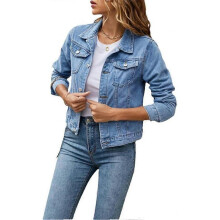 (M, wathet) Women's Denim Jacket Casual Long Sleeve Lapel Solid Color Button Pockets Slim Fit Denim Jacket Spring Autumn Outerwear with Pockets