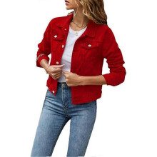 (L, red) Women's Denim Jacket Casual Long Sleeve Lapel Solid Color Button Pockets Slim Fit Denim Jacket Spring Autumn Outerwear with Pockets