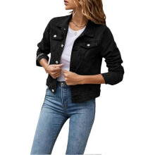 (2XL, black) Women's Denim Jacket Casual Long Sleeve Lapel Solid Color Button Pockets Slim Fit Denim Jacket Spring Autumn Outerwear with Pockets