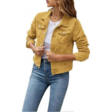 (M, yellow) Women's Denim Jacket Casual Long Sleeve Lapel Solid Color Button Pockets Slim Fit Denim Jacket Spring Autumn Outerwear with Pockets