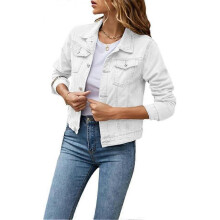(2XL, white) Women's Denim Jacket Casual Long Sleeve Lapel Solid Color Button Pockets Slim Fit Denim Jacket Spring Autumn Outerwear with Pockets
