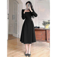 (XL, black) Women Elegant Party Dresses Women Spring Puff Sleeve Prom Casual Long Dress Korean Fashion Women Evening Dress