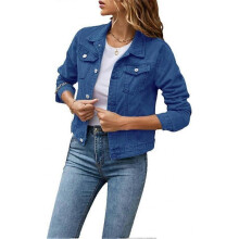 (L, blue) Women's Denim Jacket Casual Long Sleeve Lapel Solid Color Button Pockets Slim Fit Denim Jacket Spring Autumn Outerwear with Pockets