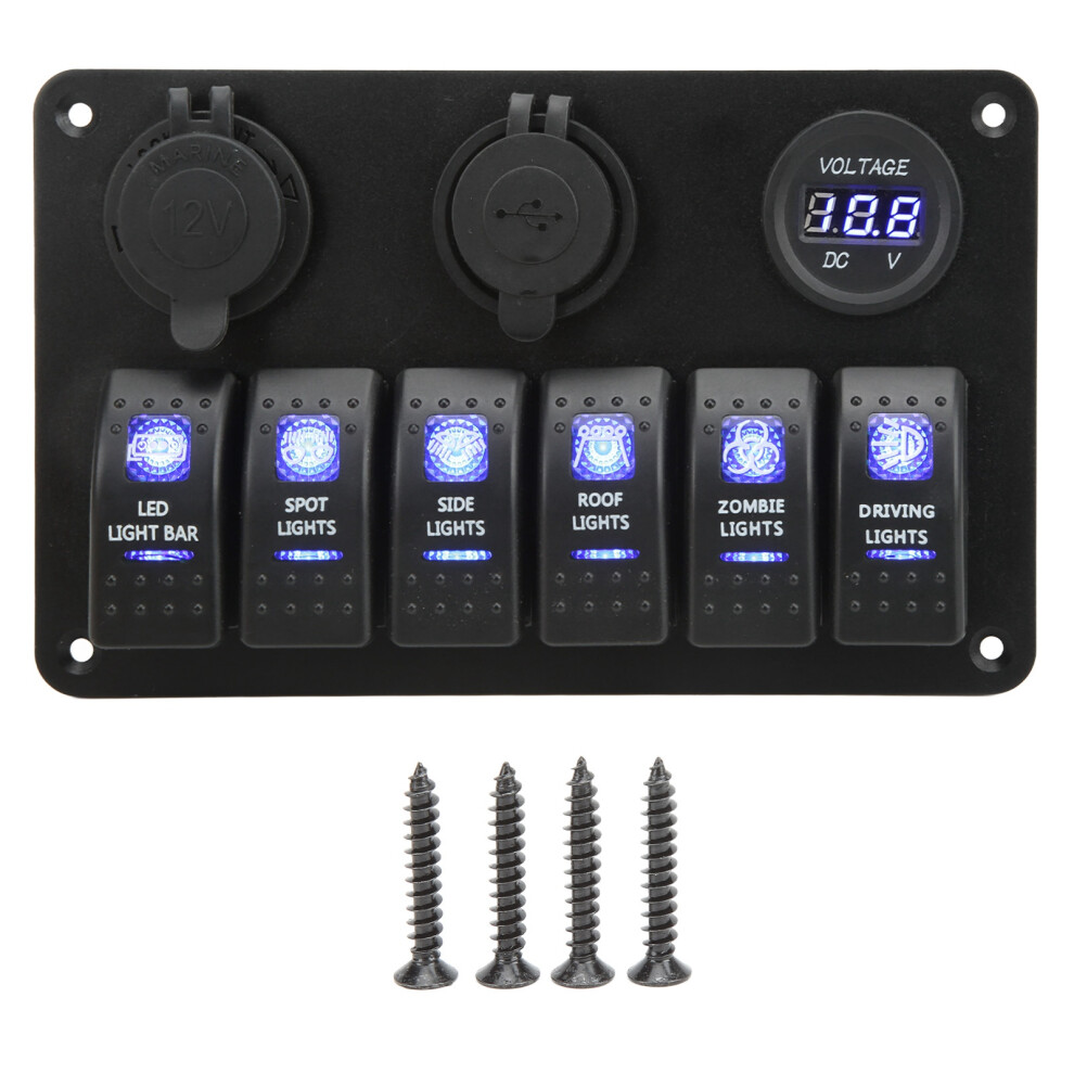 12V 24V 6 Gang Rocker Switch Panel With Voltmeter Blue 9121376277115