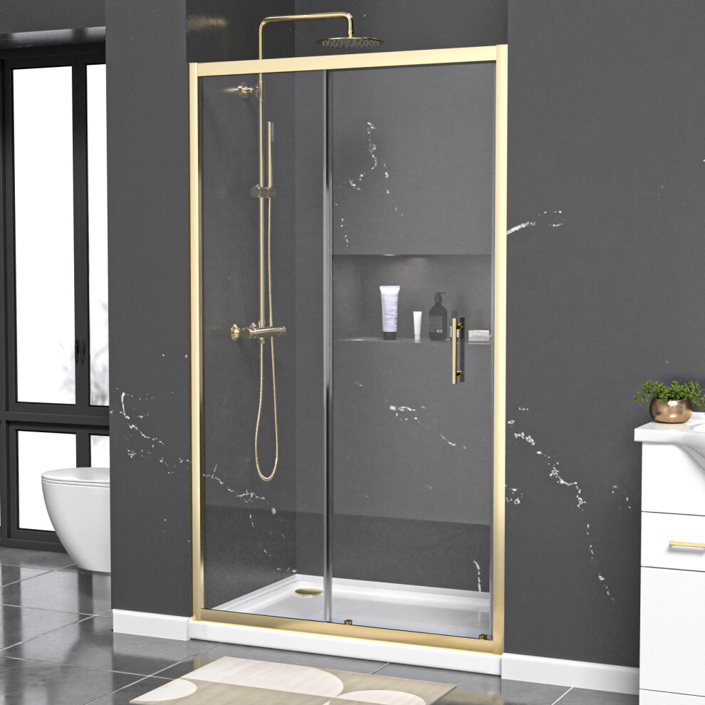 Nes Home 1100mm x 1850mm Shower Enclosure 6mm Glass Slider Door Brushed Brass-image-OPC-PFGMMCR-NEW