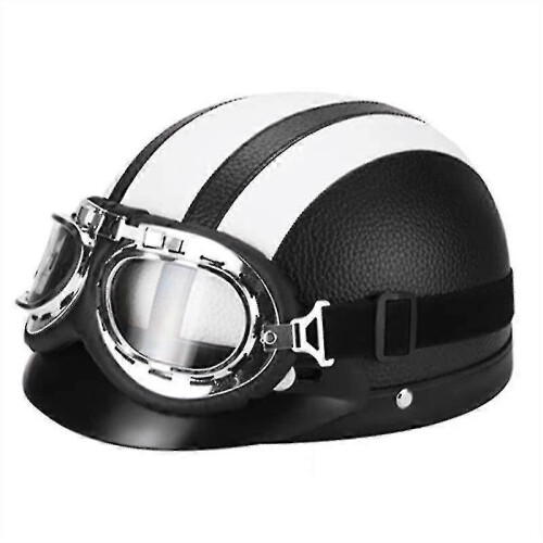 (White) Retro Motorcycle Leather Half Helmet With Goggles