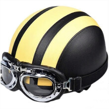 Casco de cuero retro para motocicleta (amarillo) con gafas.