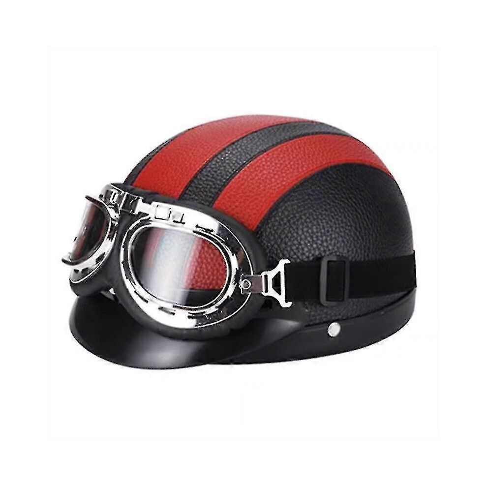 (Red) Retro Motorcycle Leather Half Helmet With Goggles Red 9013291323797