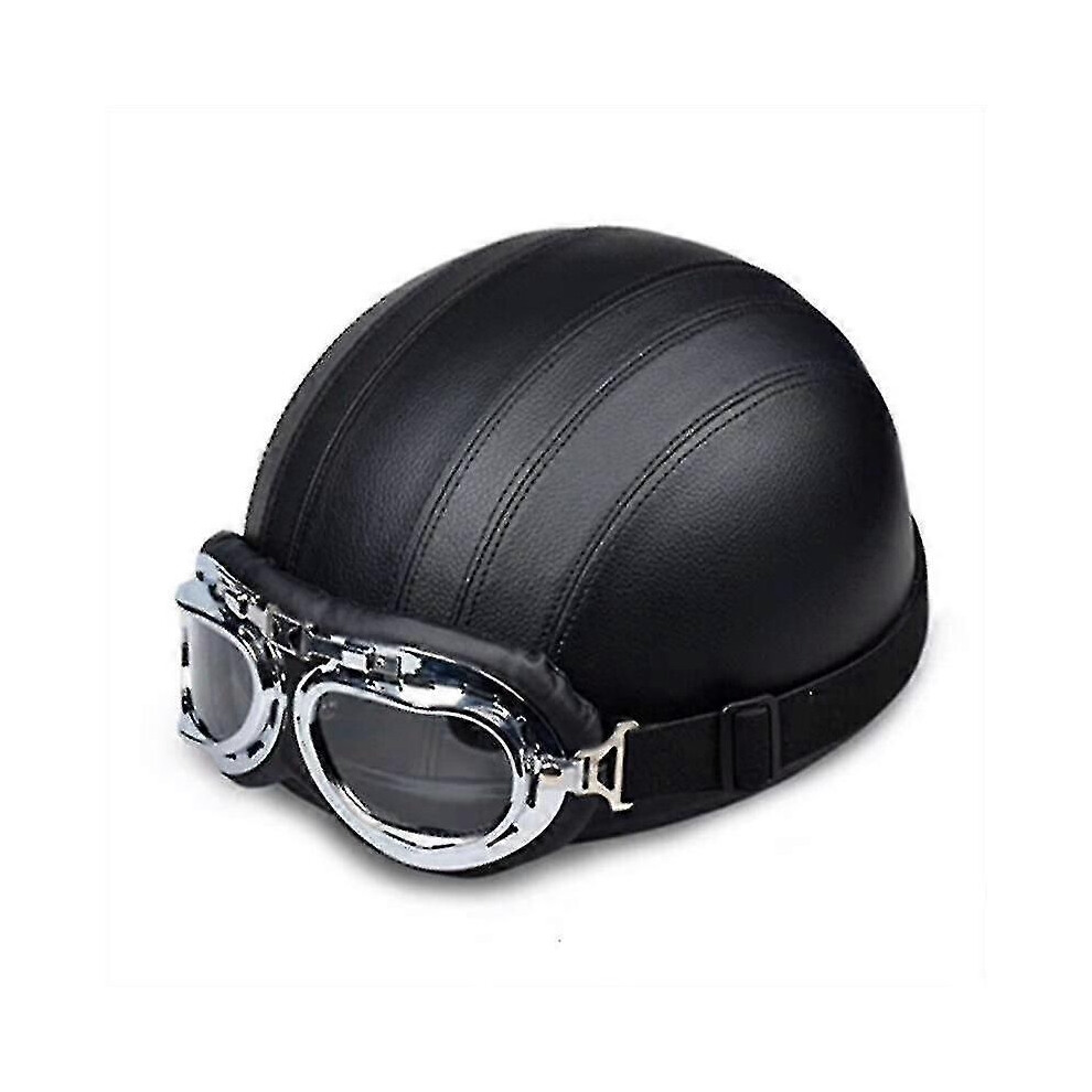 (Black) Retro Motorcycle Leather Half Helmet With Goggles Black 9013291323742
