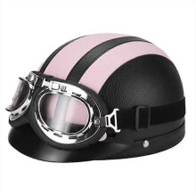 Casco de cuero retro para motocicleta (rosa) con gafas.