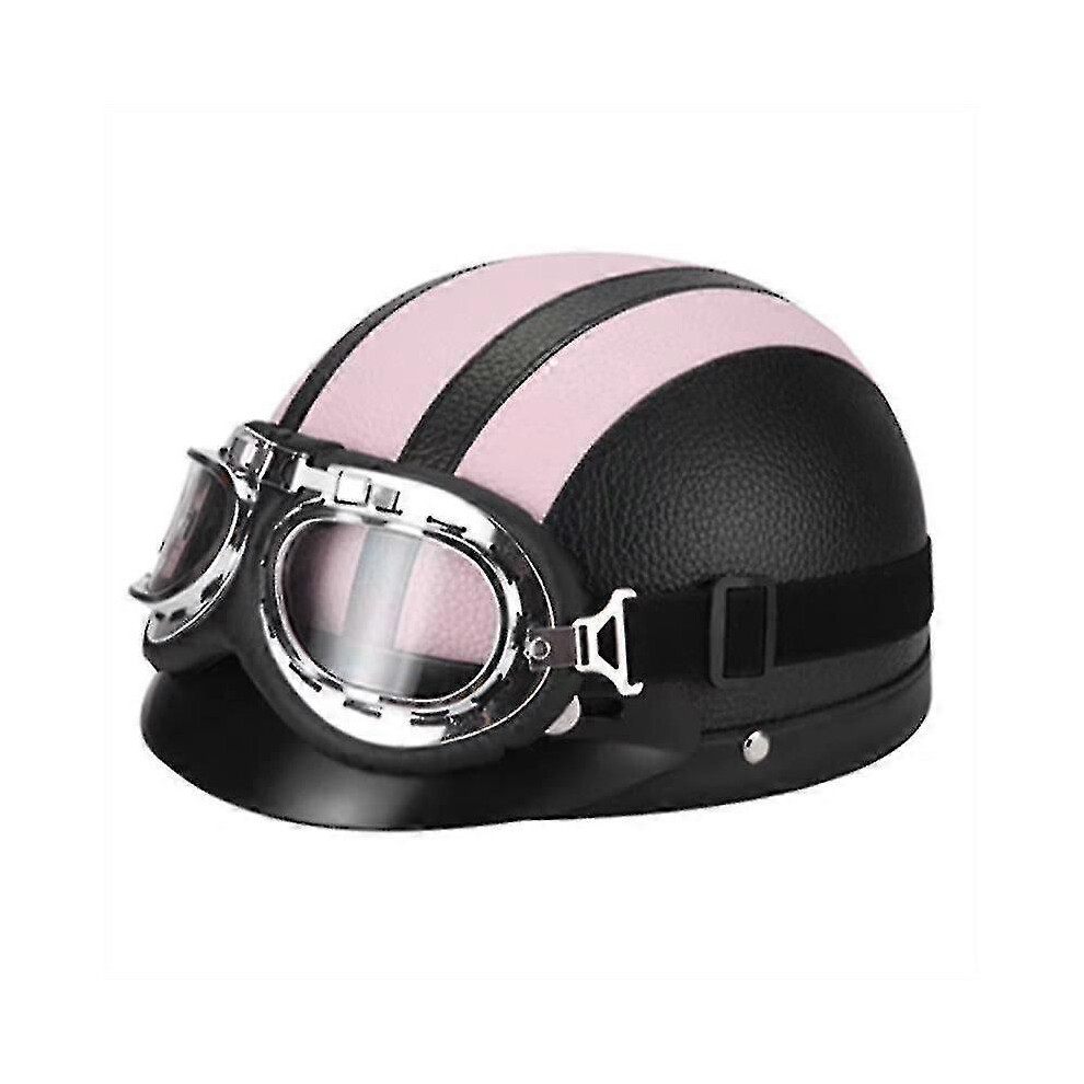 (Pink) Retro Motorcycle Leather Half Helmet With Goggles Pink 9013291323780