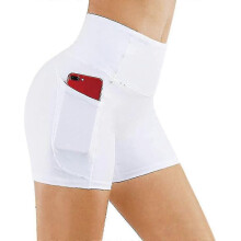 (S-bianco) Pantaloncini da ciclista da donna, pantaloncini sportivi con tasche, leggings corti a vita
