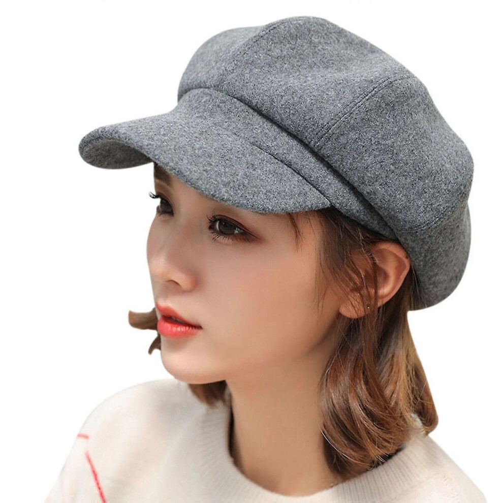 (Gray) Solid Color Woolen Newsboy Cap Octagonal 8 Panel Hat Women Autumn Winter Thickened Warm Beret
