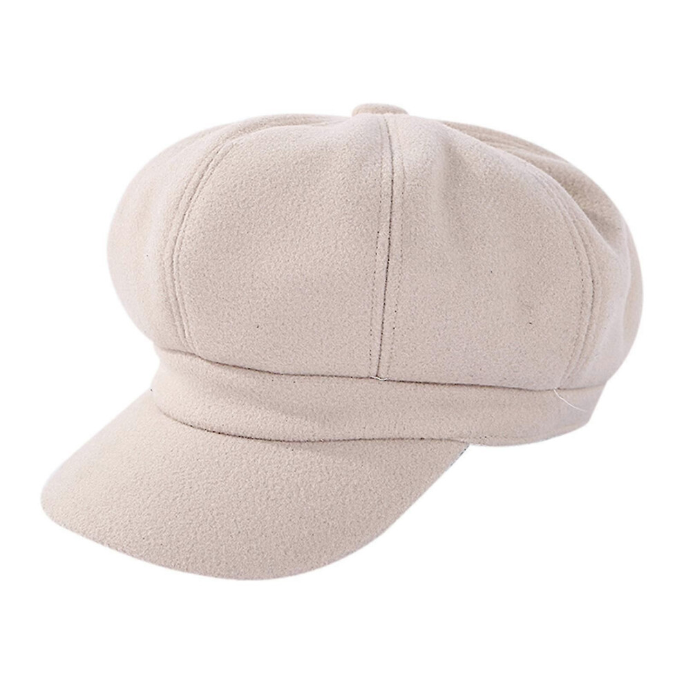 (Creamy-white) Solid Color Woolen Newsboy Cap Octagonal 8 Panel Hat Women Autumn Winter Thickened Warm Beret