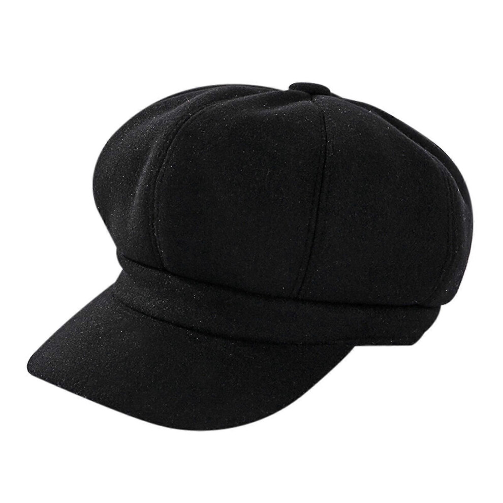 (Black) Solid Color Woolen Newsboy Cap Octagonal 8 Panel Hat Women Autumn Winter Thickened Warm Beret