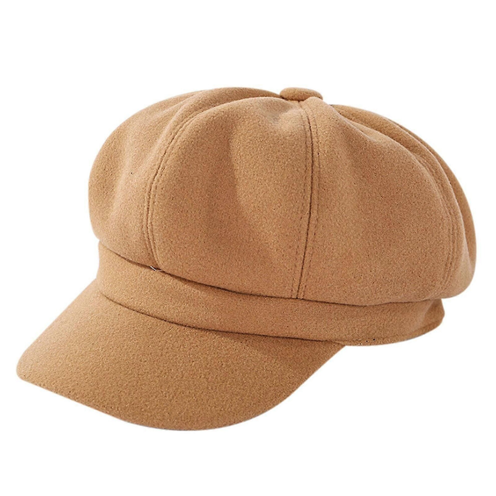 (Camel) Solid Color Woolen Newsboy Cap Octagonal 8 Panel Hat Women Autumn Winter Thickened Warm Beret