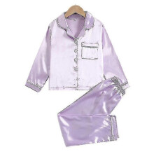 (130 cm - Morado) Pijama infantil sencillo de manga larga para otoño, color liso, imitación seda.