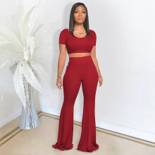 (S-rojo) Conjunto de dos piezas para mujer: top corto sexy + pantalones largos acampanados. Conjunto