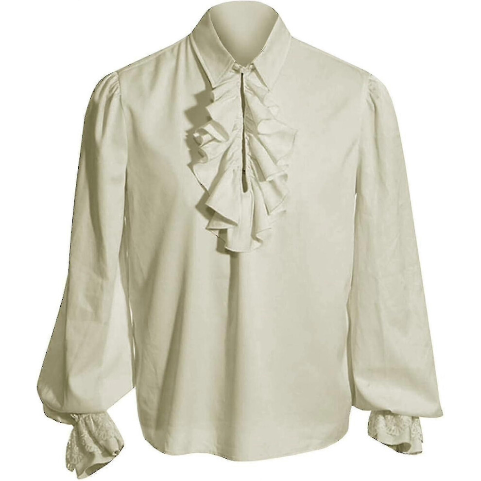 Beige (S, ) Mens Pirate Shirt Vampire Renaissance Victorian Steampunk Gothic Ruffled Medieval Halloween Costume