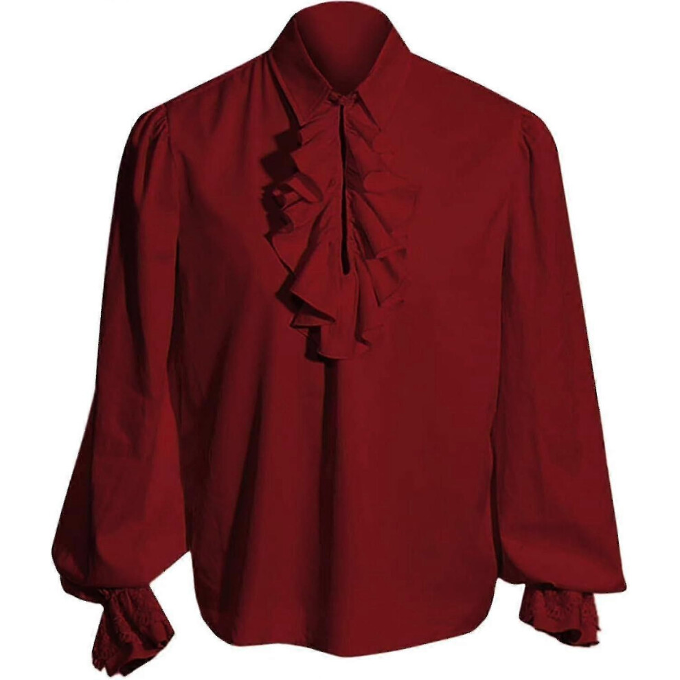 Burgundy (M, ) Mens Pirate Shirt Vampire Renaissance Victorian Steampunk Gothic Ruffled Medieval Halloween Costume