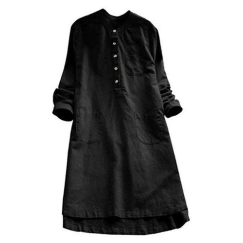 (XL-Nero) Camicia lunga larga da donna in cotone e lino con tasca per outfit da ufficio a casa