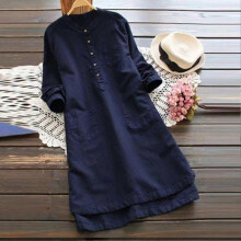 (S-Blu navy) Camicia lunga larga da donna in cotone e lino con tasca per outfit da ufficio a casa