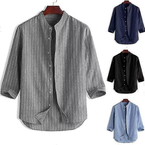 (3XL-nero)Camicia a maniche lunghe a righe in lino da uomo 1
