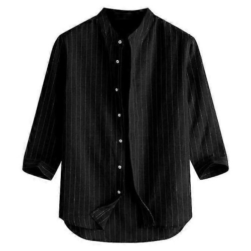 (XXL-nero)Camicia a maniche lunghe a righe in lino da uomo