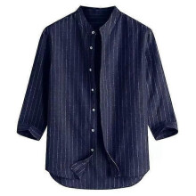 (M-blu navy)Camicia a maniche lunghe a righe in lino da uomo
