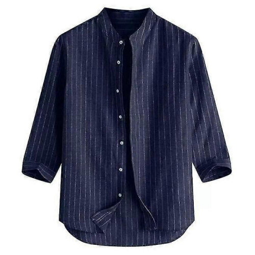 (M-blu navy)Camicia a maniche lunghe a righe in lino da uomo