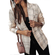 (S-Beige) Blazer da donna doppiopetto con stampa scozzese, risvolto, maniche lunghe, cardigan spesso