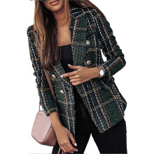 (XL-Verde militar) Blazer de mujer cruzado, estampado de cuadros, solapa, mangas largas, cárdigan grueso